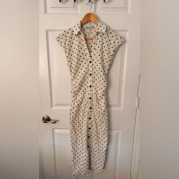 Zara Cream Polka Dot Midi Dress - Picture 4 of 4